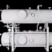 Zwei miteinander verbundene Kesselbehälter mit Ventilen und Kontrollinstrumenten auf Stahlrahmen.