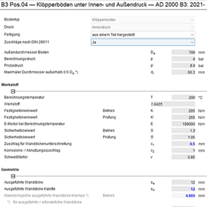 Bildschirm mit Programmeinstellungen für Druckbehälterberechnungen nach DIN-Norm.